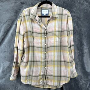 American Eagle Oversized Pink Gray Yellow Plaid Button Down Flannel Shirt Small
